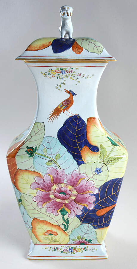 Tobacco Leaf Dog Top Covered Vase by Mottahedeh-1
