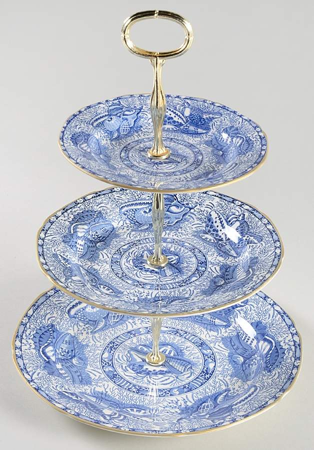 Torquay Blue (Yellow Trim) 13 7/8"-14 1/4" 3-Tiered Serving Tray(DP,SP,BB) HC by Mottahedeh-1