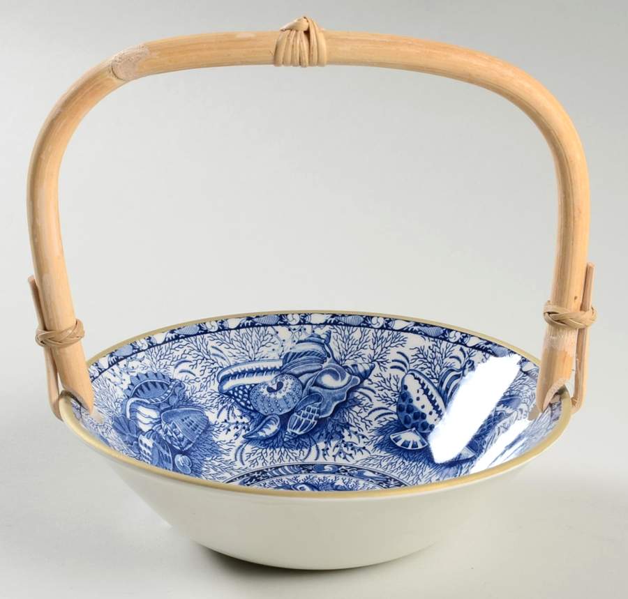 Torquay Blue (Yellow Trim) 7''-7 1/4'' Basket W/Bamboo Handle HC by Mottahedeh-1