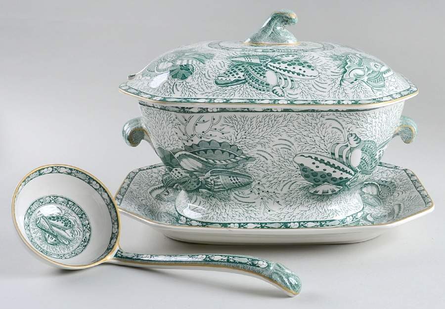 Torquay Green (Yellow Trim) Tureen & Lid w/Ladle & Underplate by Mottahedeh-1
