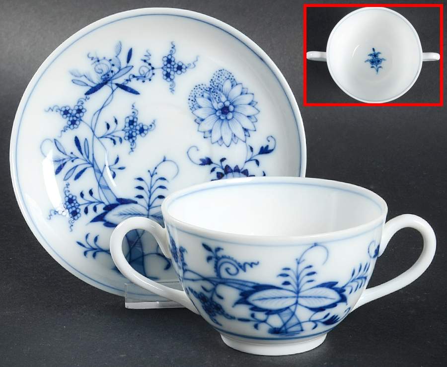 Blue Onion (Oval Backstamp) Flat Bouillon Cup & Saucer by Meissen (Germany)-1