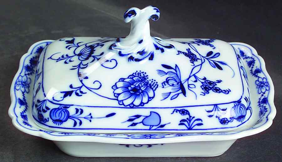 Blue Onion (Oval Backstamp) Butter Box & Lid by Meissen (Germany)-1