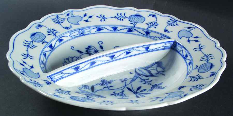 Blue Onion (Oval Backstamp) Round Divided Vegetable Bowl by Meissen (Germany)-1