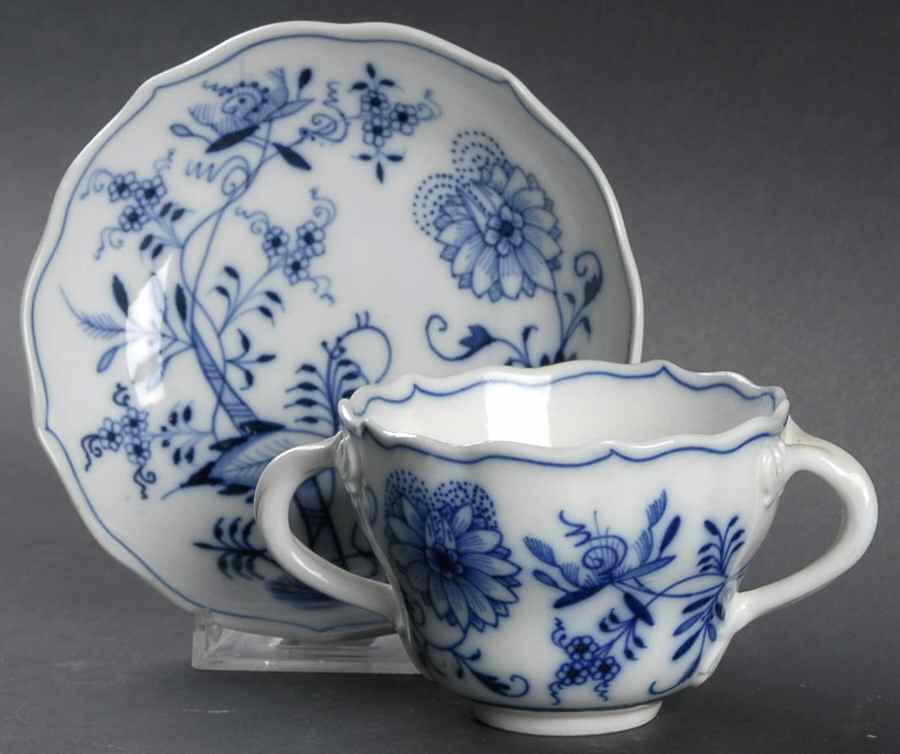 Blue Onion (Oval Backstamp) Flat Bouillon Cup & Saucer by Meissen (Germany)-1