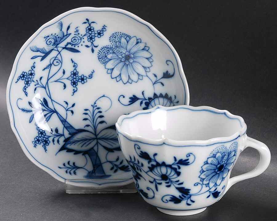 Blue Onion (Oval Backstamp) Flat Cup & Saucer Set by Meissen (Germany)-1