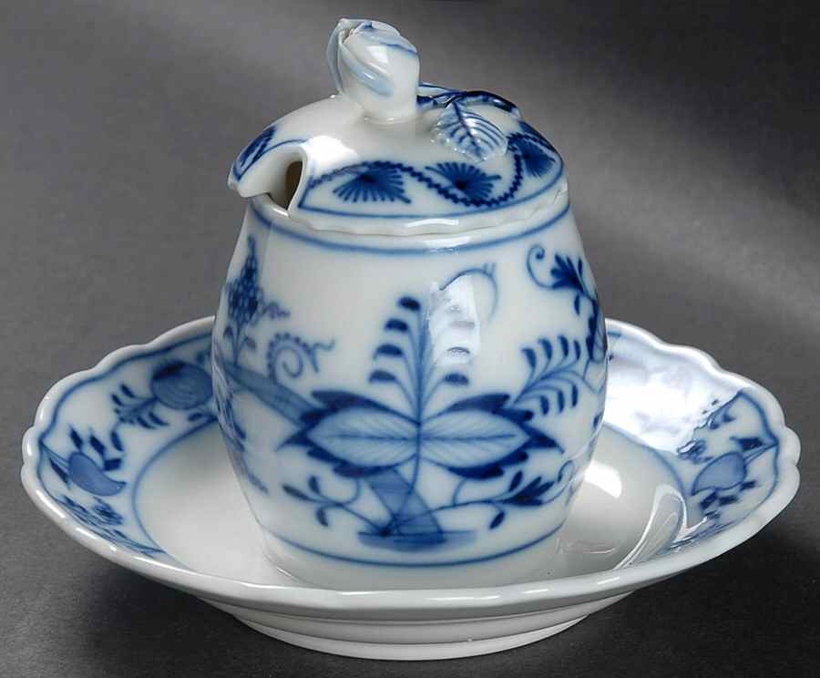 Blue Onion (Oval Backstamp) Mustard with Lid & Attached Underplate by Meissen (Germany)-1
