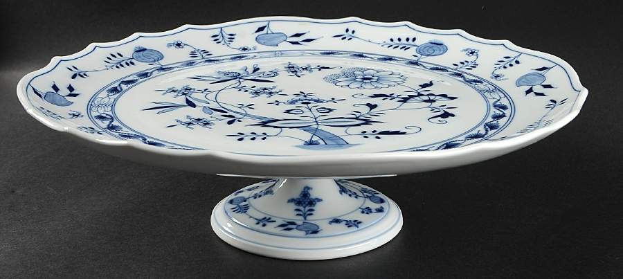 Blue Onion (Oval Backstamp) 14" Diameter Pedestal Cake Stand by Meissen (Germany)-1