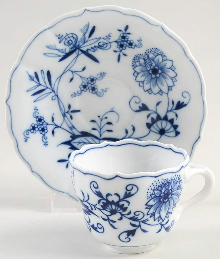 Blue Onion ("Sword" Backstamp) Flat Demitasse Cup & Saucer Set by Meissen (Germany)-1