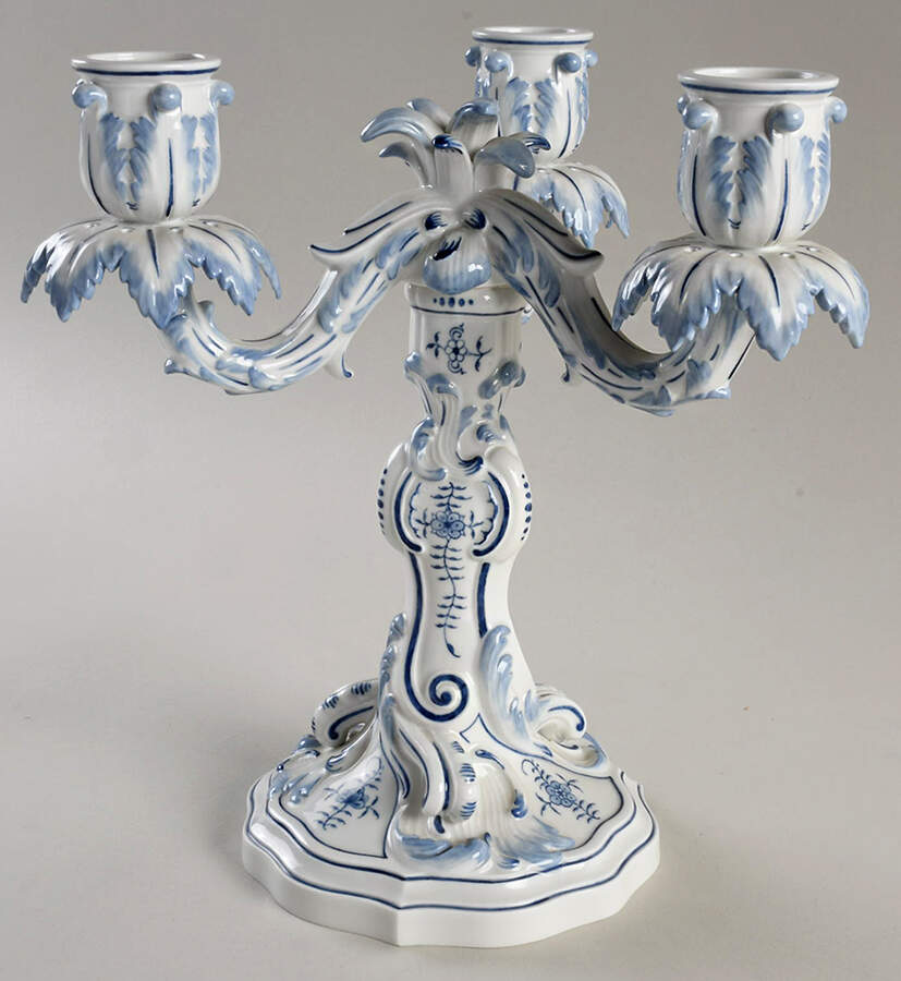 Blue Onion ("Sword" Backstamp) Three Light Candlestick by Meissen (Germany)-1