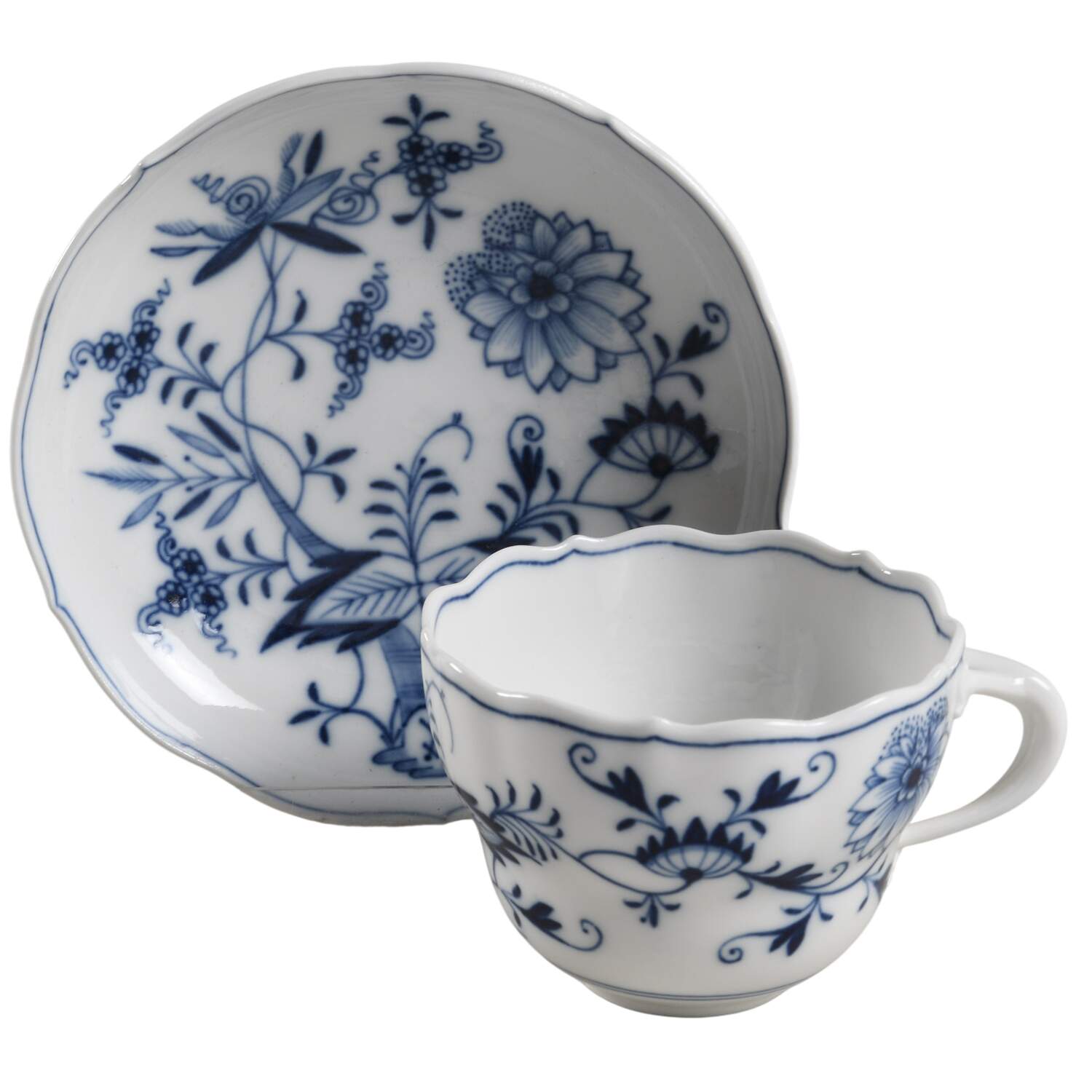 Blue Onion ("Sword" Backstamp) Flat Cup & Saucer Set by Meissen (Germany)-1