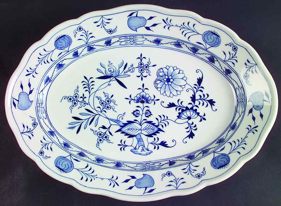 Blue Onion ("Sword" Backstamp) 13" Oval Serving Platter by Meissen (Germany)-1