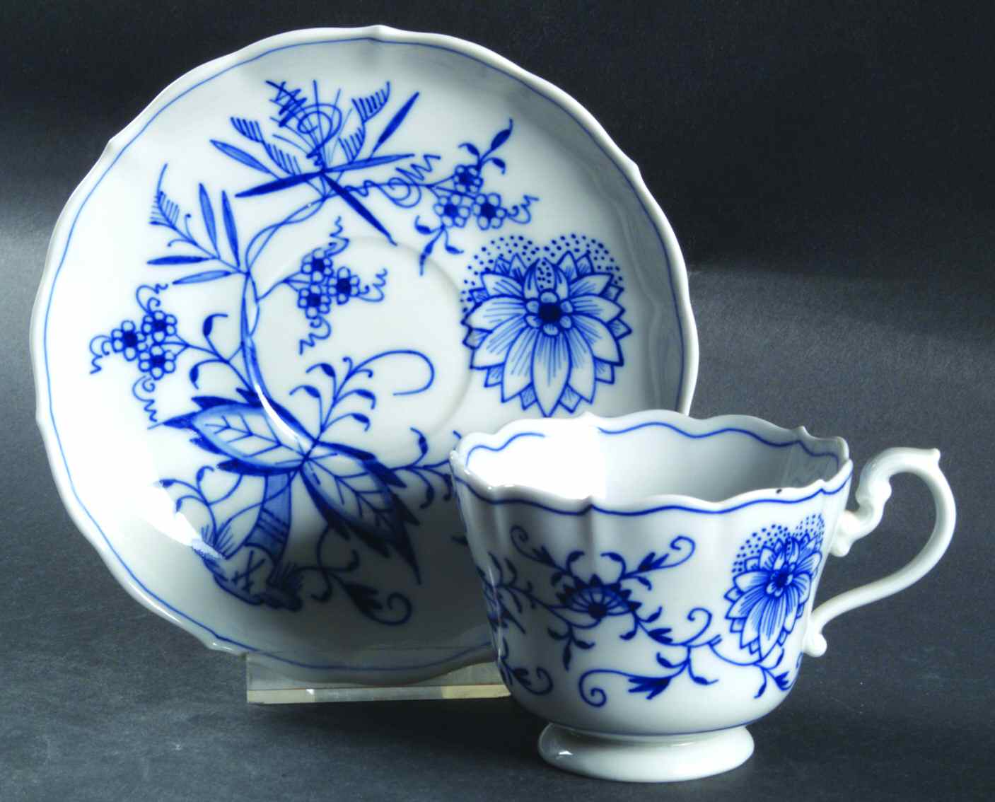 Blue Onion ("Sword" Backstamp) Footed Cup & Saucer Set by Meissen (Germany)-1