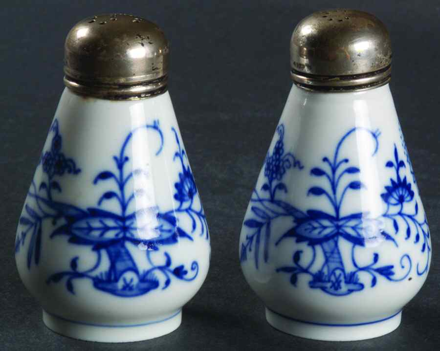 Blue Onion ("Sword" Backstamp) Salt & Pepper Set w/Metal Lids by Meissen (Germany)-1