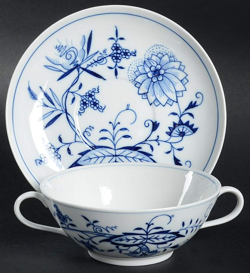 Blue Onion ("Sword" Backstamp) Flat Cream Soup Bowl & Saucer Set by Meissen (Germany)-1