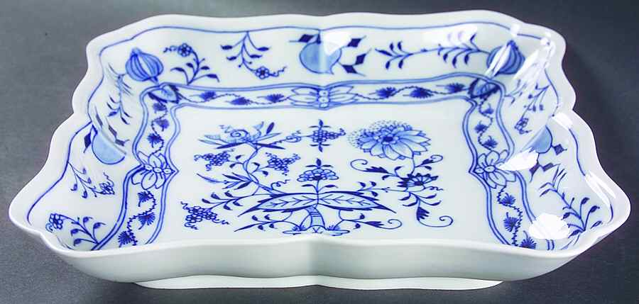 Blue Onion ("Sword" Backstamp) 9" Square Shallow Salad Serving Bowl by Meissen (Germany)-1
