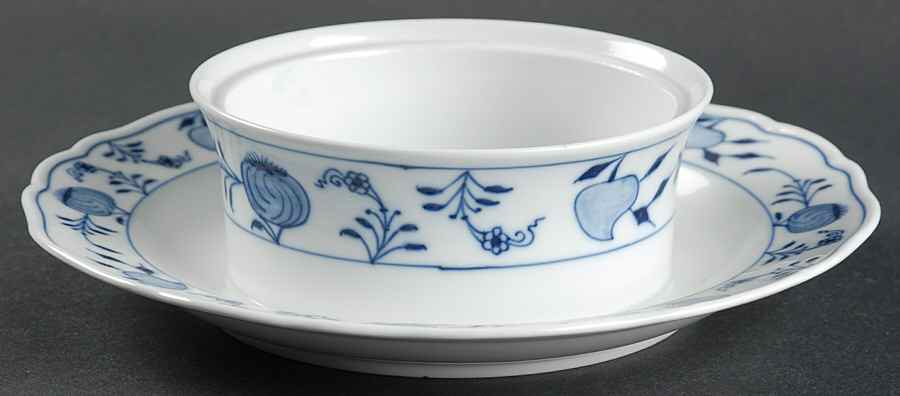 Blue Onion ("Sword" Backstamp) Round Butter with Attached Underplate No Lid by Meissen (Germany)-1