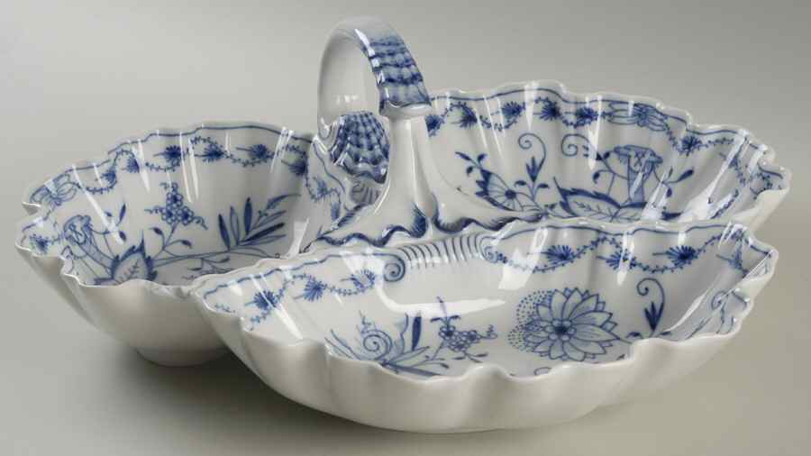 Blue Onion ("Sword" Backstamp) 3-Part Relish by Meissen (Germany)-1