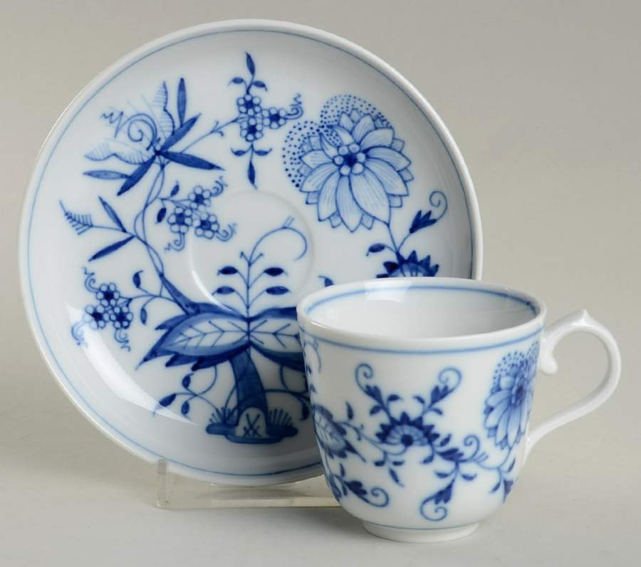 Blue Onion ("Sword" Backstamp) Flat Demitasse Cup & Saucer Set by Meissen (Germany)-1