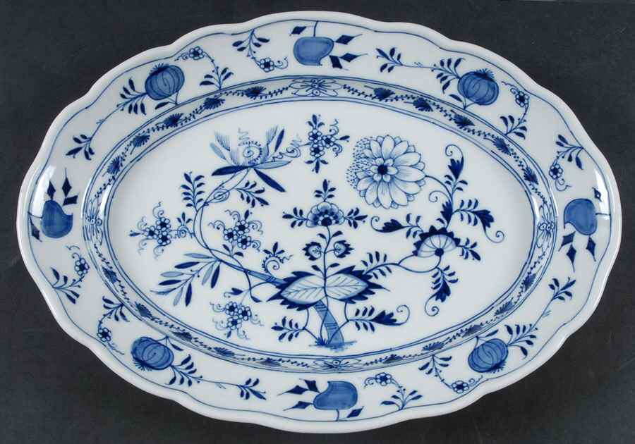Blue Onion ("Sword" Backstamp) 13" Oval Serving Platter by Meissen (Germany)-1