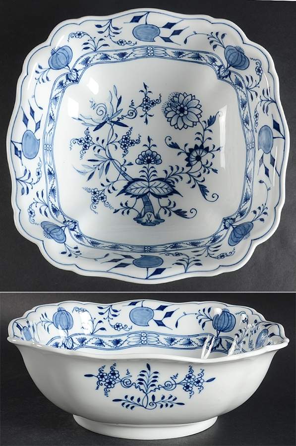 Blue Onion ("Sword" Backstamp) 10" Square Vegetable Bowl by Meissen (Germany)-1