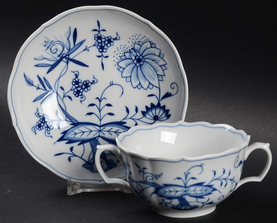 Blue Onion ("Sword" Backstamp) Flat Bouillon Cup & Saucer by Meissen (Germany)-1