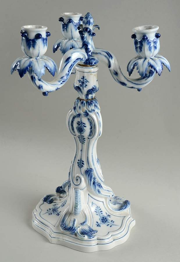 Blue Onion ("Sword" Backstamp) 3 Light Candelabra by Meissen (Germany)-1
