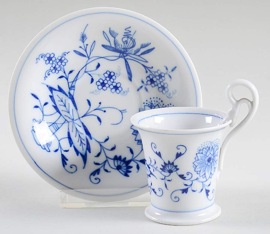 Blue Onion ("Sword" Backstamp) Espresso Cup and Saucer Set by Meissen (Germany)-1