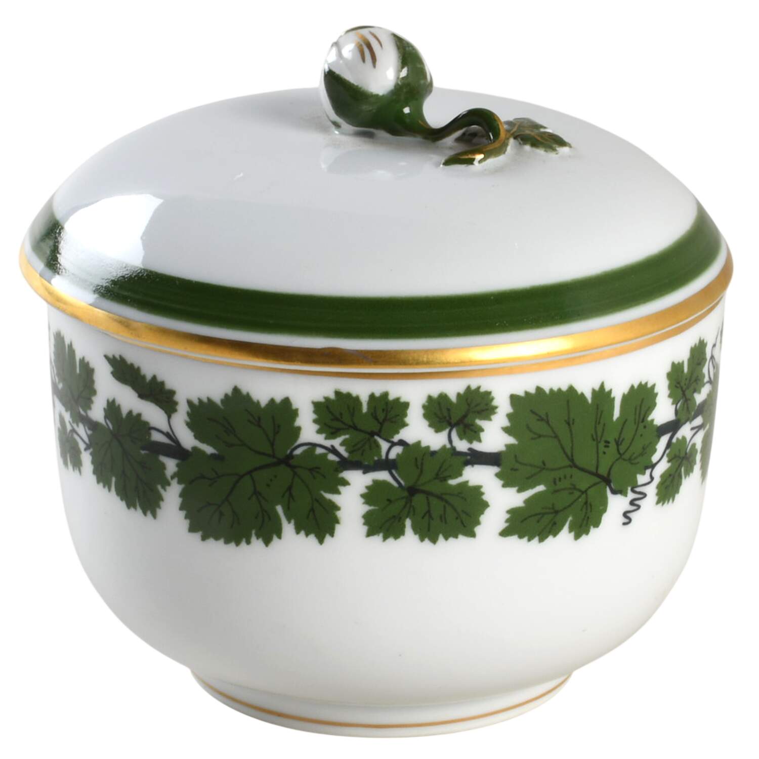 Full Green Vine (Scalloped, Gold Trim) Sugar Bowl & Lid by Meissen (Germany)-1