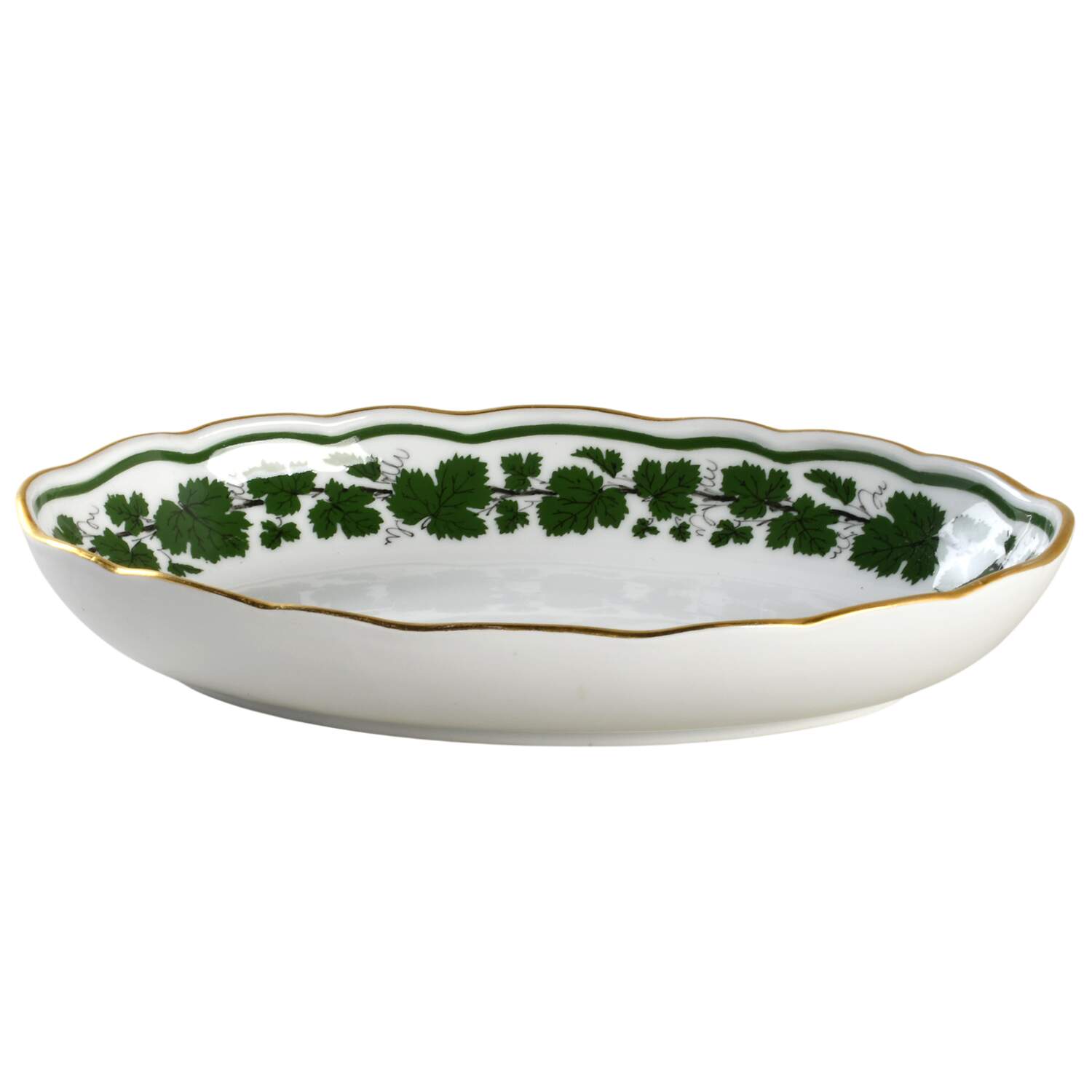 Full Green Vine (Scalloped, Gold Trim) 9" Oval Vegetable Bowl by Meissen (Germany)-1