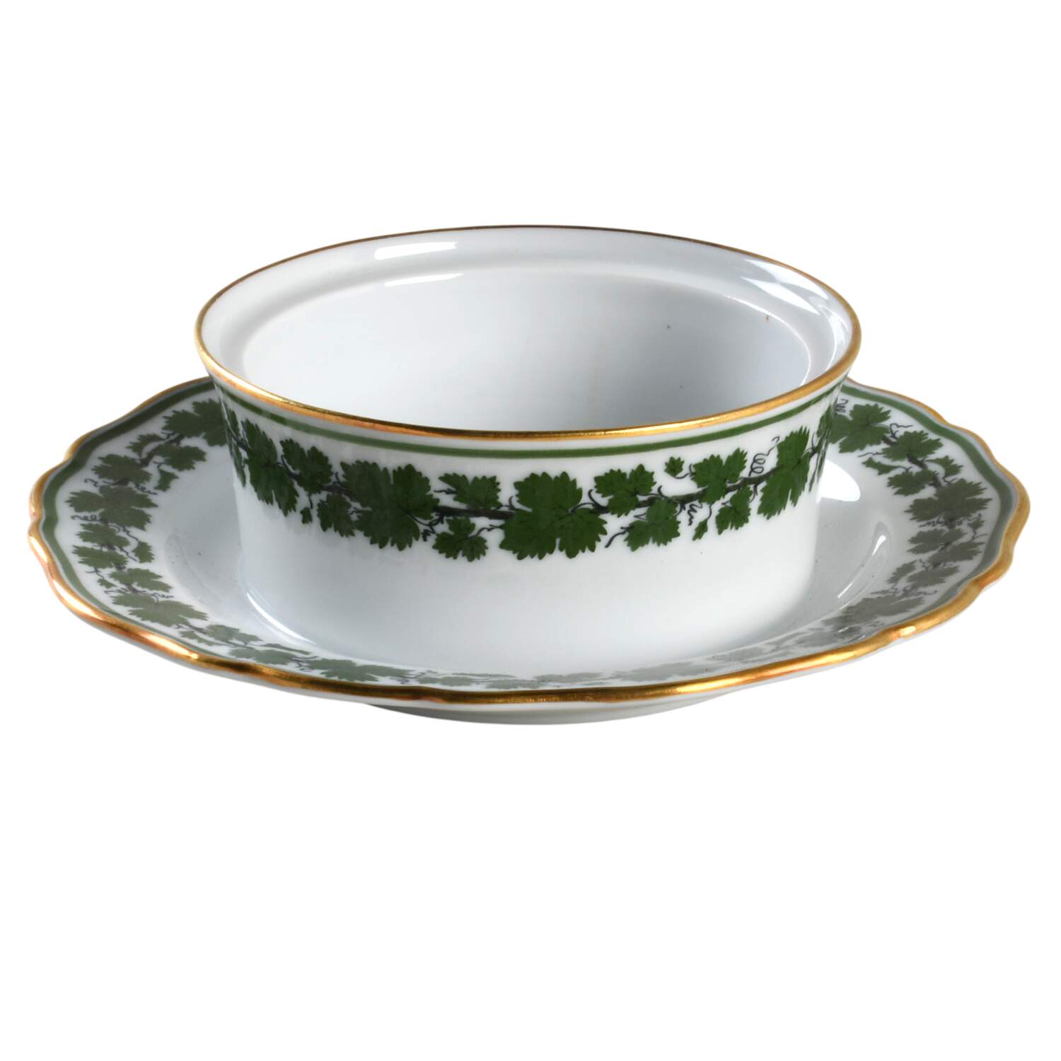 Full Green Vine (Scalloped, Gold Trim) Round Butter with Attached Underplate No Lid by Meissen (Germany)-1