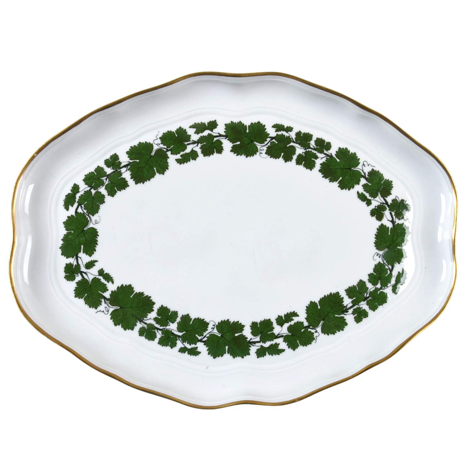 Full Green Vine (Scalloped, Gold Trim) 13" Oval Serving Platter by Meissen (Germany)-1