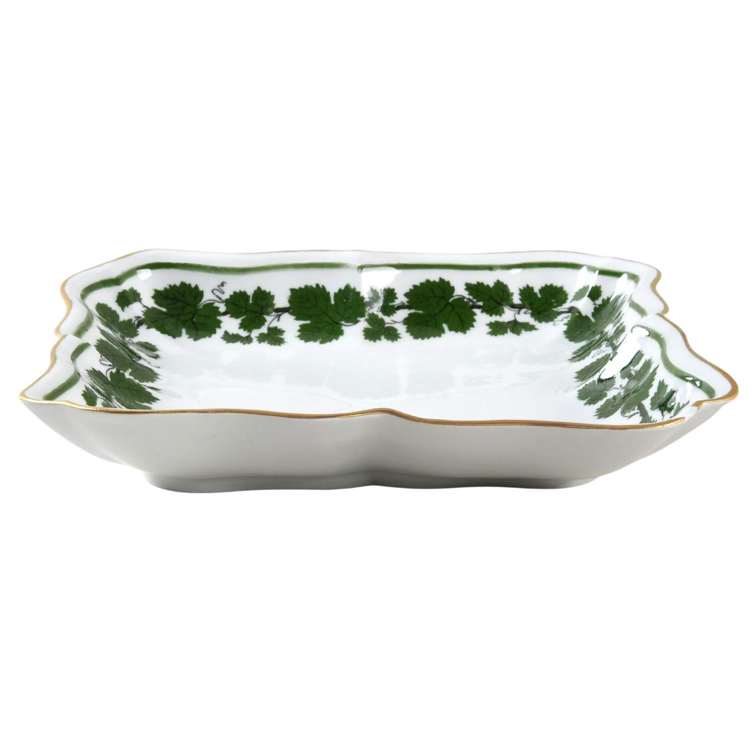 Full Green Vine (Scalloped, Gold Trim) 8" Square Shallow Salad Serving Bowl by Meissen (Germany)-1