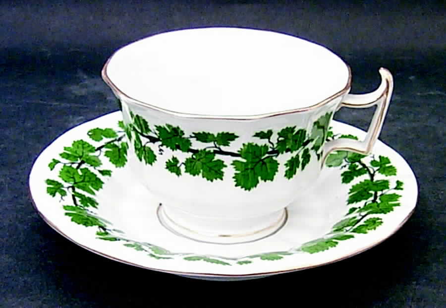 Full Green Vine (Scalloped, Gold Trim) Footed Cup & Saucer Set by Meissen (Germany)-1
