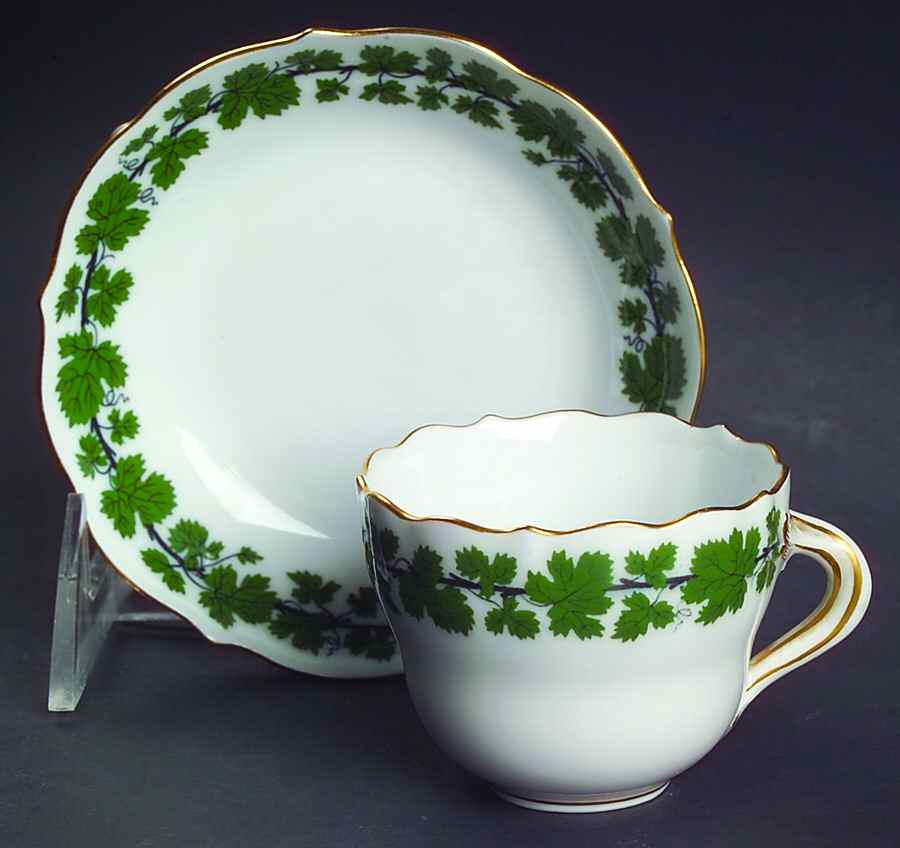 Full Green Vine (Scalloped, Gold Trim) Flat Demitasse Cup & Saucer Set by Meissen (Germany)-1