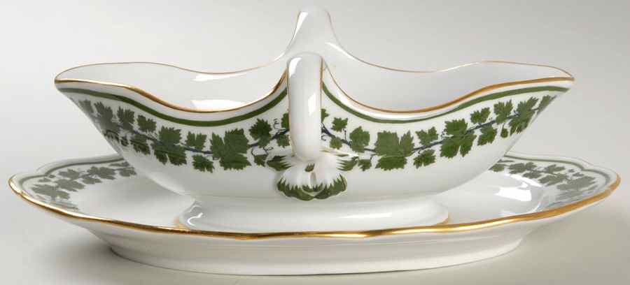 Full Green Vine (Scalloped, Gold Trim) Gravy Boat with Attached Underplate by Meissen (Germany)-1