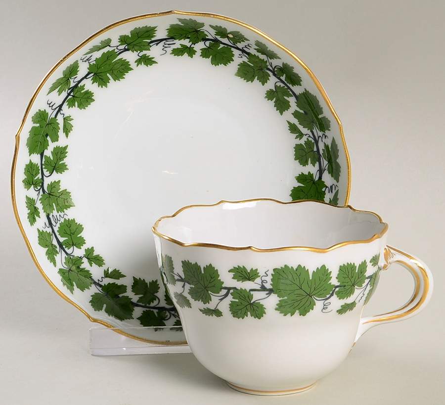 Full Green Vine (Scalloped, Gold Trim) Flat Cup & Saucer Set by Meissen (Germany)-1