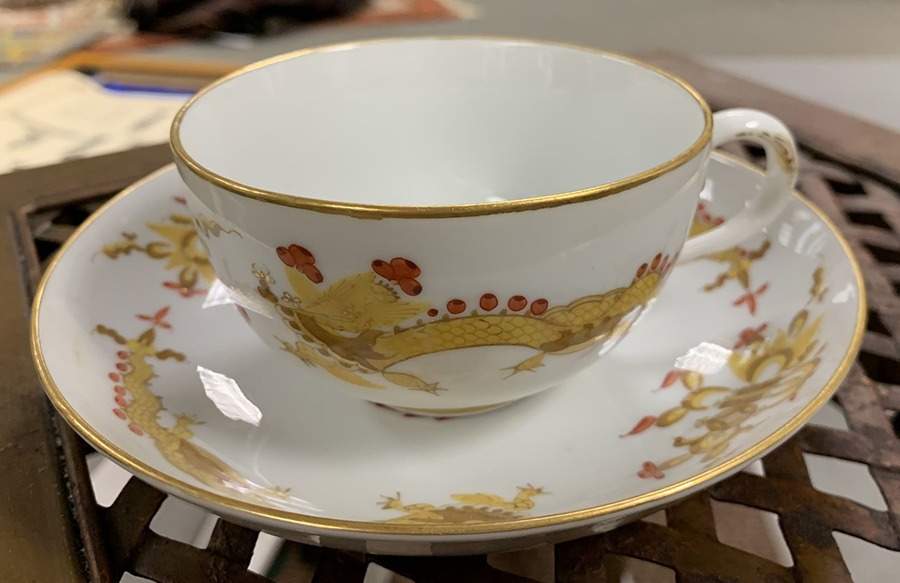 Dragon Yellow (Red Dot Accent) Flat Cup & Saucer Set by Meissen (Germany)-1