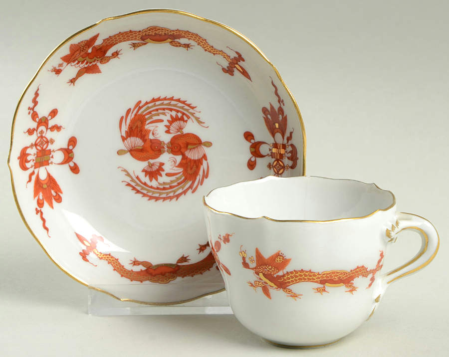 Dragon Red Flat Demitasse Cup & Saucer Set by Meissen (Germany)-1