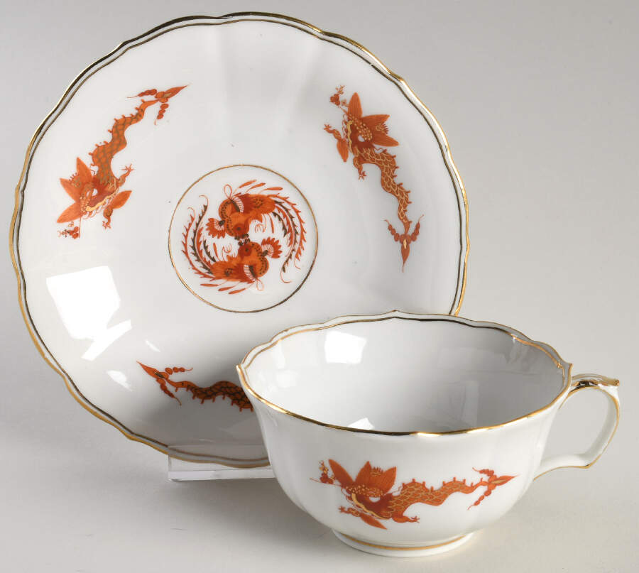 Dragon Red Flat Cup & Saucer Set by Meissen (Germany)-1