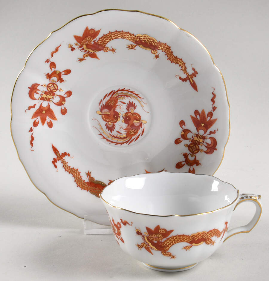 Dragon Red Flat Demitasse Cup & Saucer Set by Meissen (Germany)-1