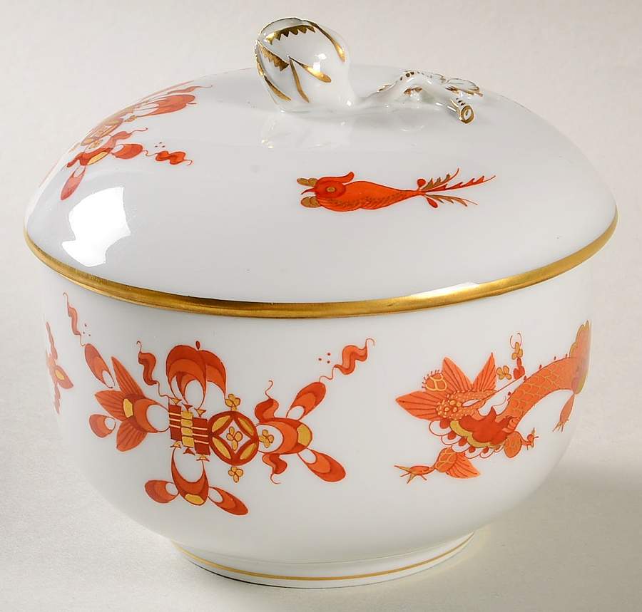 Dragon Red Sugar Bowl & Lid by Meissen (Germany)-1