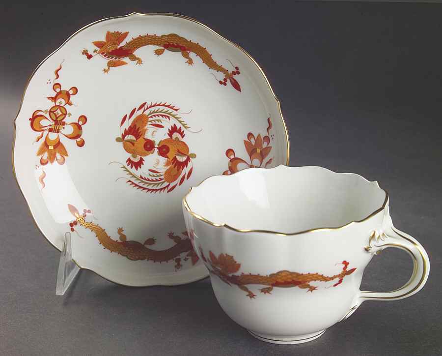 Dragon Red Breakfast Cup & Saucer Set by Meissen (Germany)-1