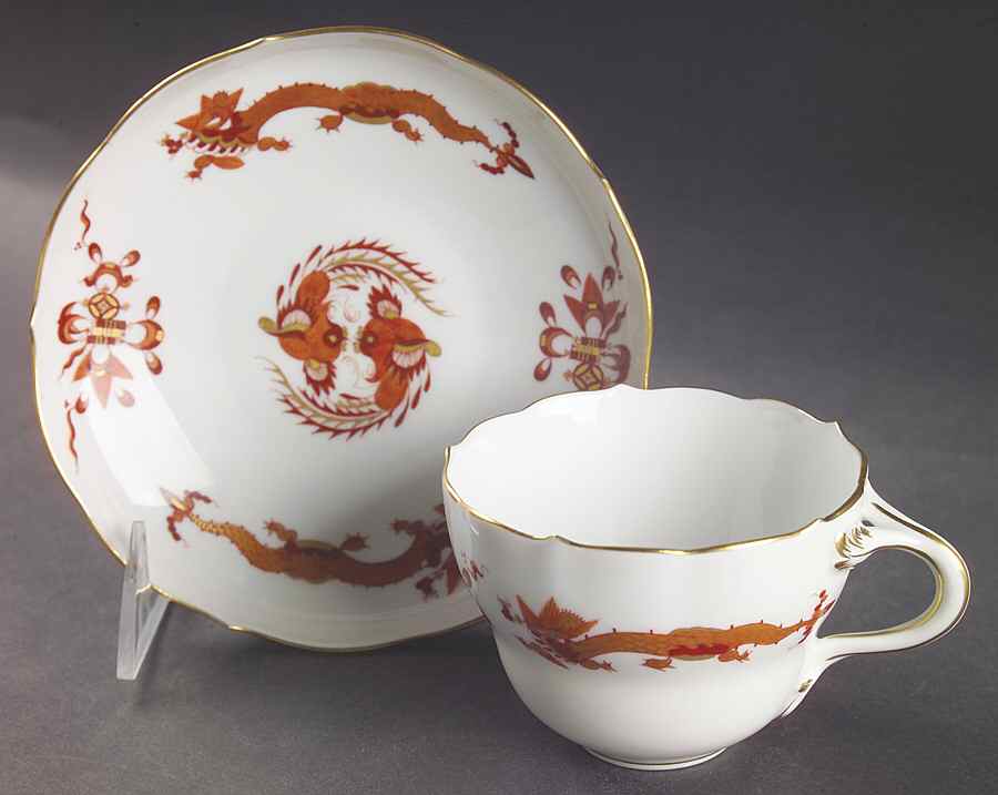 Dragon Red Flat Cup & Saucer Set by Meissen (Germany)-1