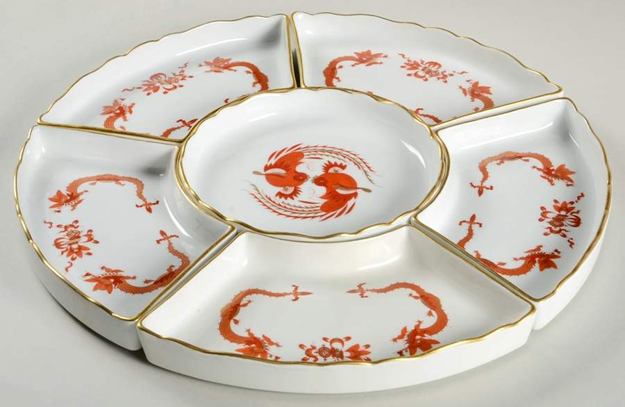 Dragon Red 6 Piece Lazy Susan (5 Sides & Center) by Meissen (Germany)-1