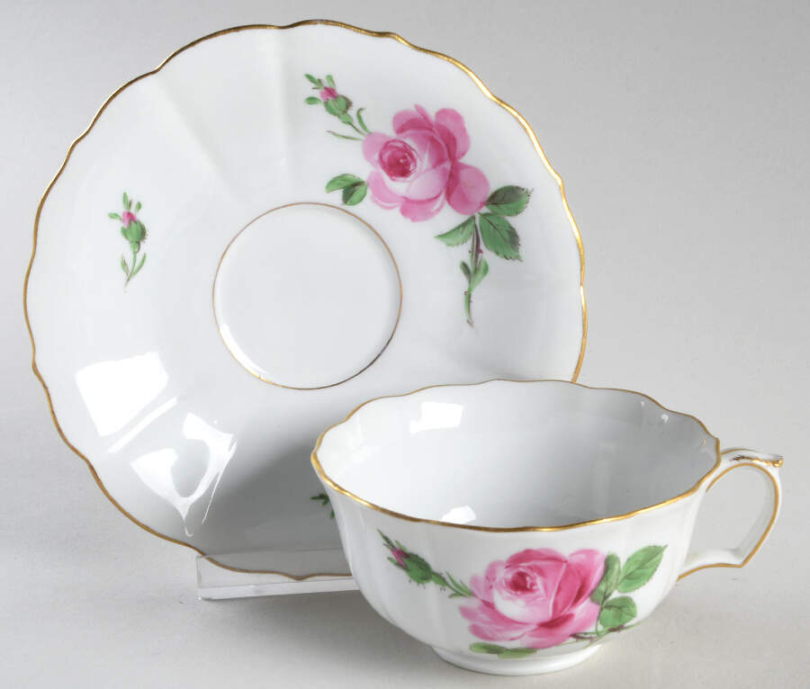 Rose Pink ("X" Backstamp) Flat Cup & Saucer Set by Meissen (Germany)-1