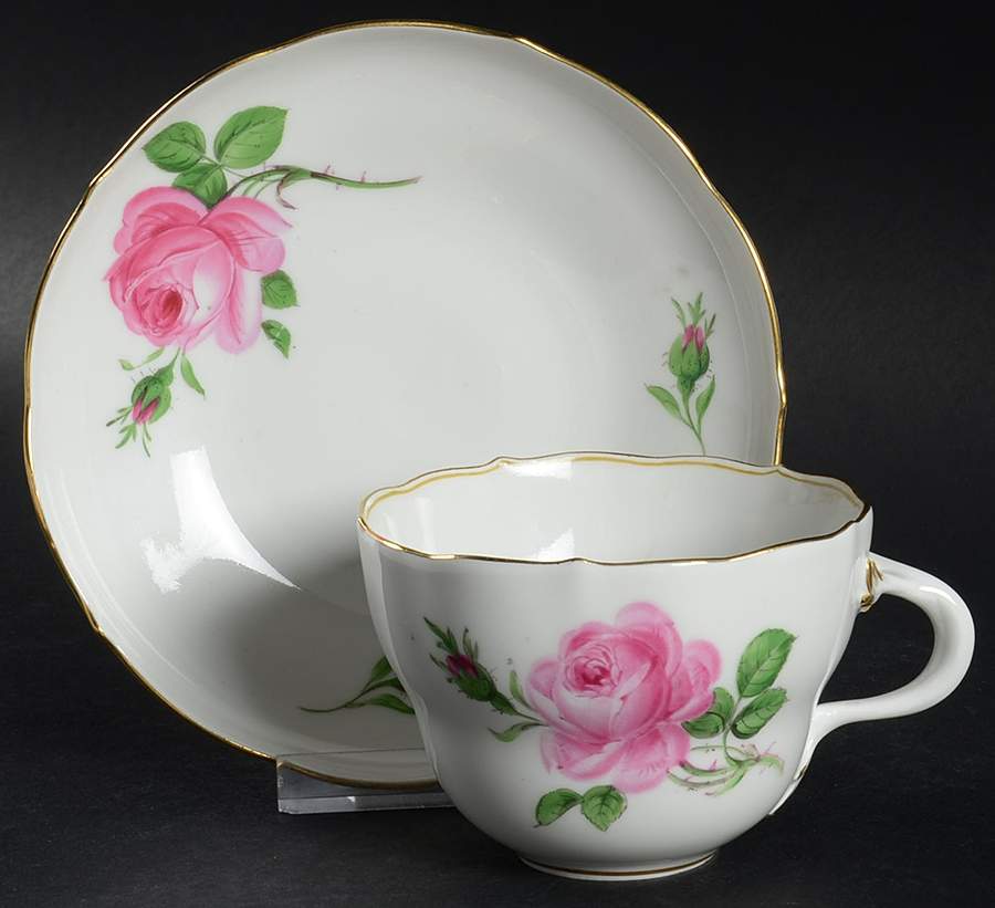 Rose Pink ("X" Backstamp) Flat Cup & Saucer Set by Meissen (Germany)-1