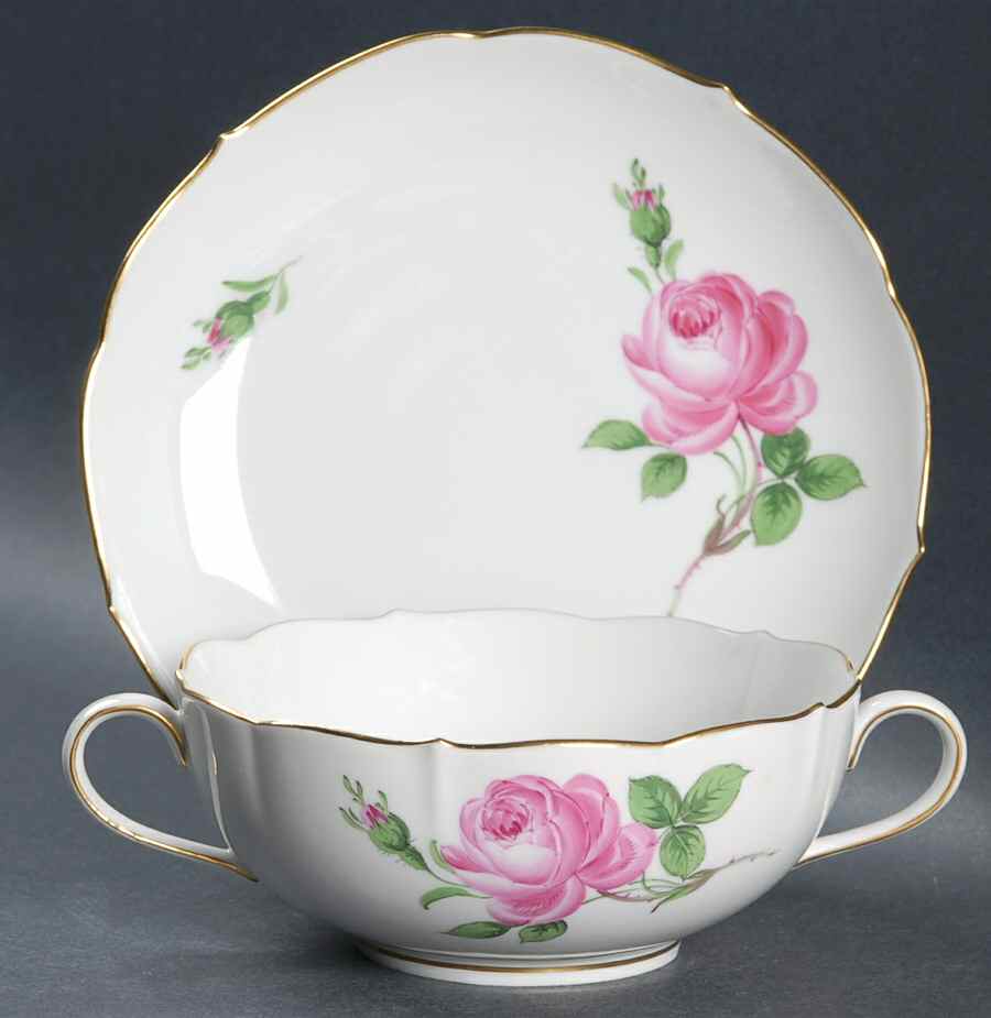 Rose Pink ("X" Backstamp) Flat Cream Soup Bowl & Saucer Set by Meissen (Germany)-1