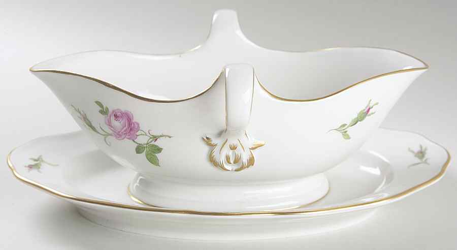 Rose Pink ("X" Backstamp) Gravy Boat with Attached Underplate by Meissen (Germany)-1