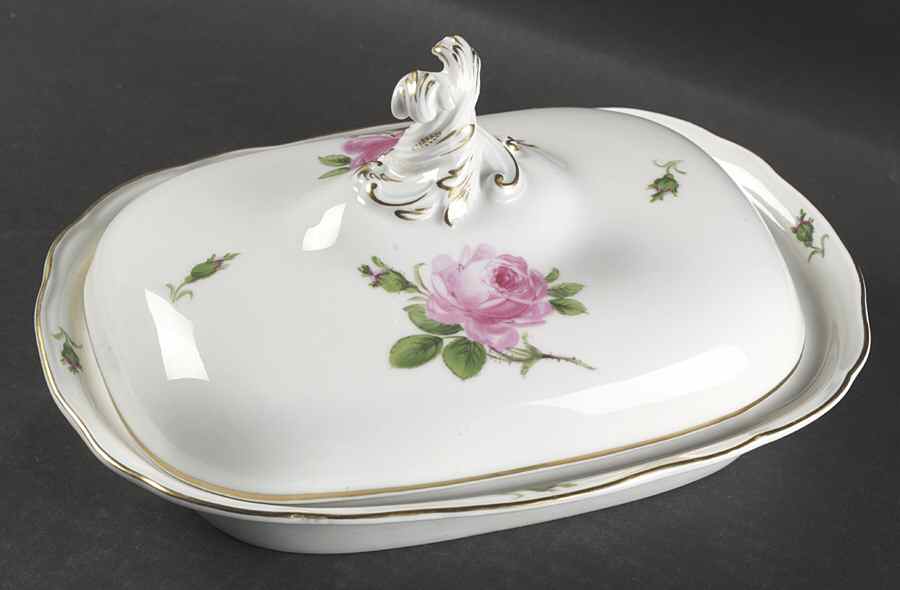 Rose Pink ("X" Backstamp) Oval Covered Vegetable by Meissen (Germany)-1