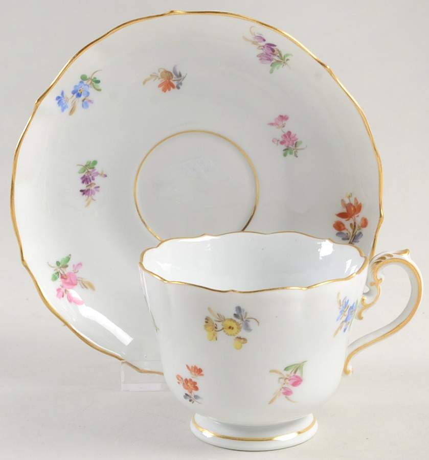 Scattered Flowers ("X" Backstamp) Footed Cup & Saucer Set by Meissen (Germany)-1
